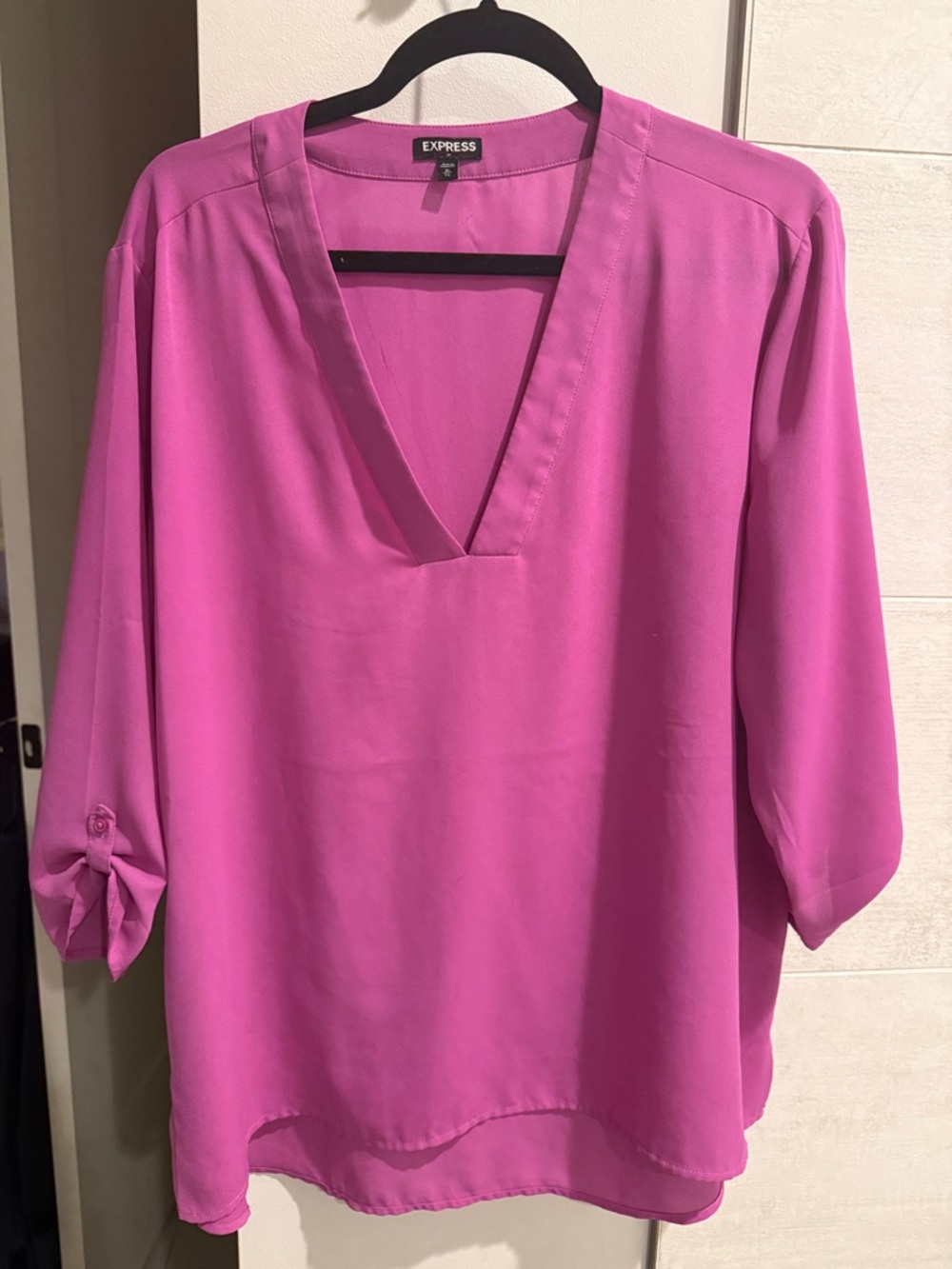 Express Fuchsia V-Neck Roll-Sleeve Blouse
